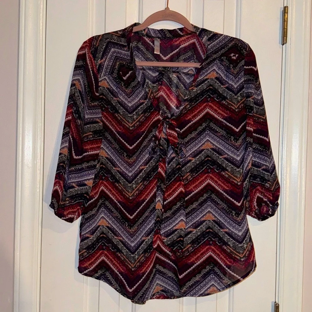 Xhilaration semi sheer colorful blouse, V-neck with tie, 3/4 sleeves, Size Large